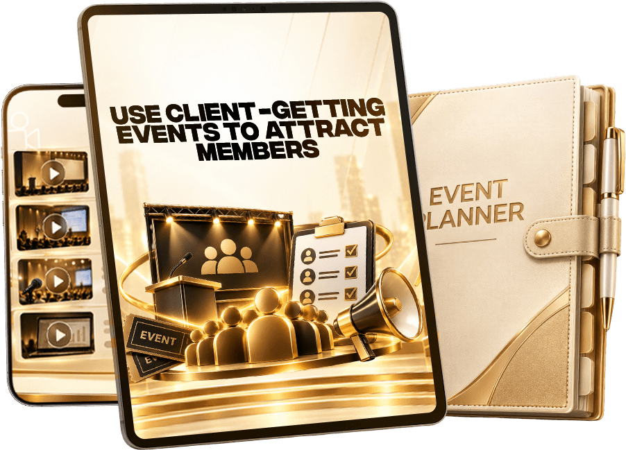 Use Client-Getting Events To Attract Members: training shown on a tablet and phone beside the event planner
