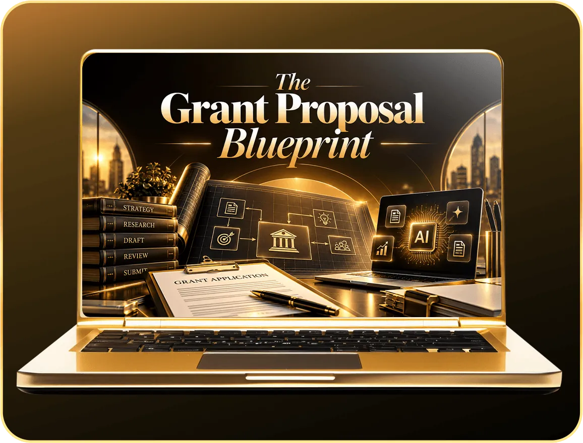 The Grant Proposal Blueprint lesson shown on a laptop