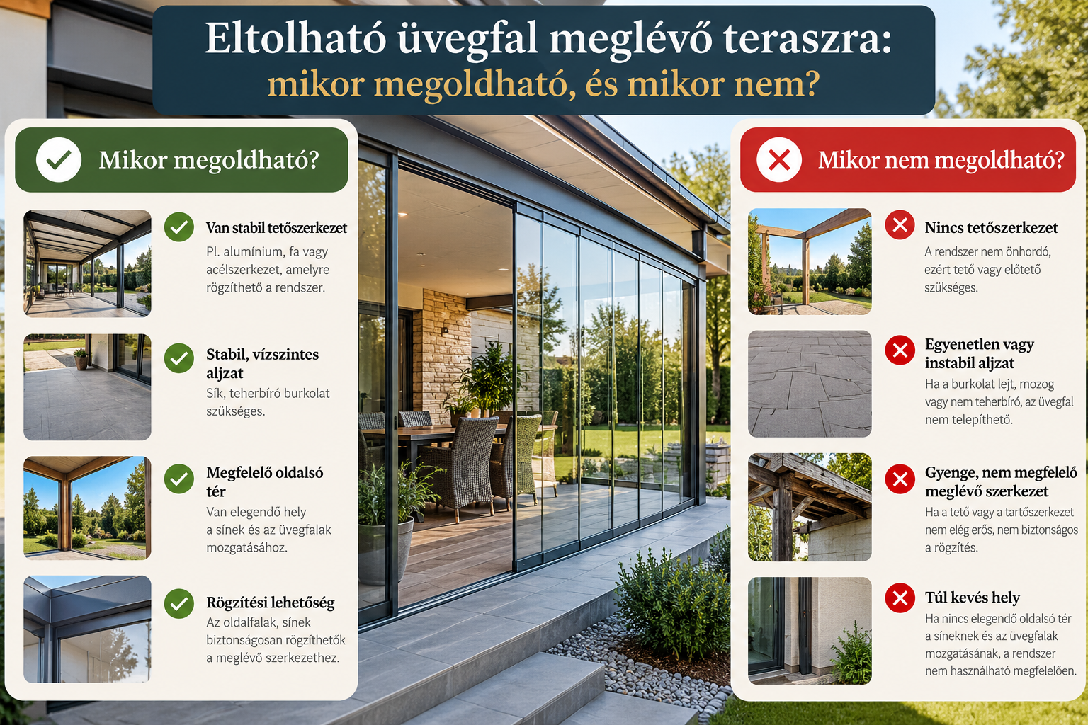 Eltolható üvegfal meglévő teraszra: mikor megoldható, és mikor nem?