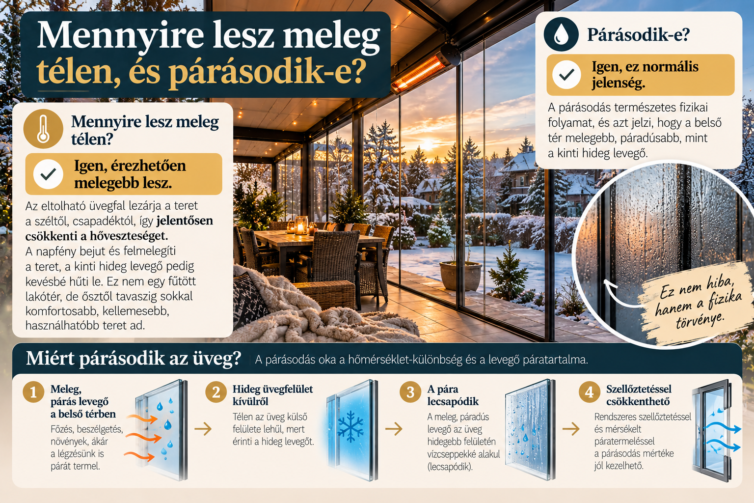 Mennyire lesz meleg télen az üvegfallal lezárt teraszon, és párásodik-e?