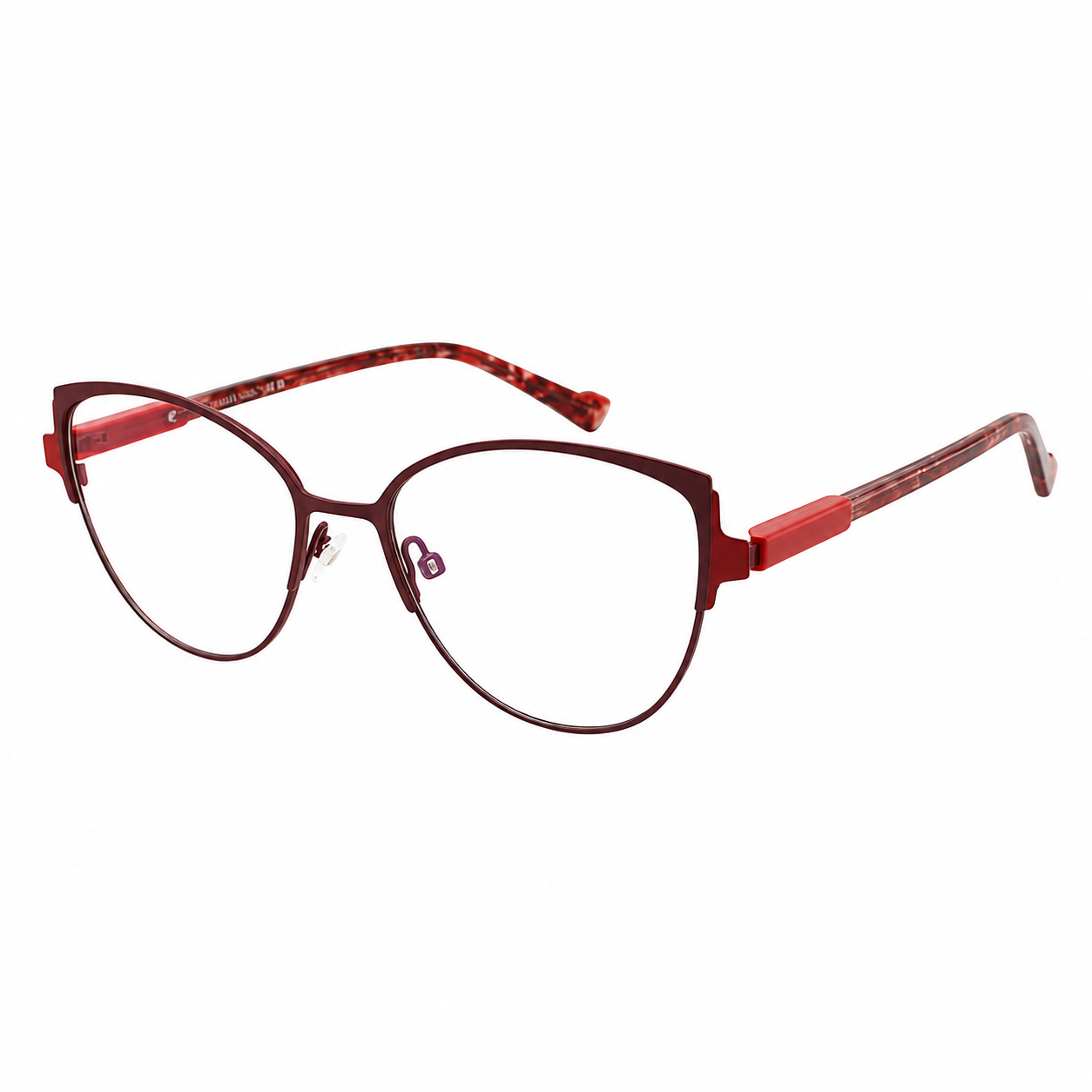 TS-02 C2 · vista diagonal derecha · Tonos vino y rojo · Thalia Sodi Eyewear