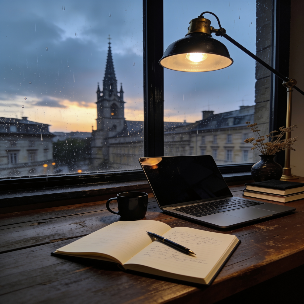 A writer's desk at dusk: laptop, notebook, fountain pen and books by a rain-streaked window.