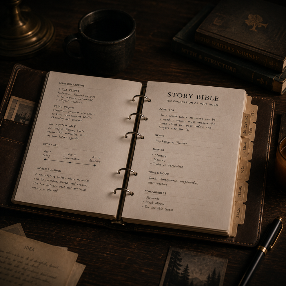 A bound Story Bible notebook resting on a desk with a pen.