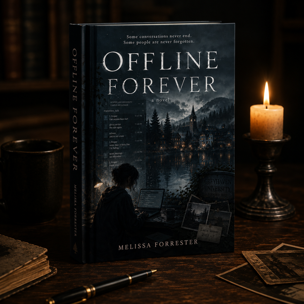 The Offline Forever novella cover beside a candle.