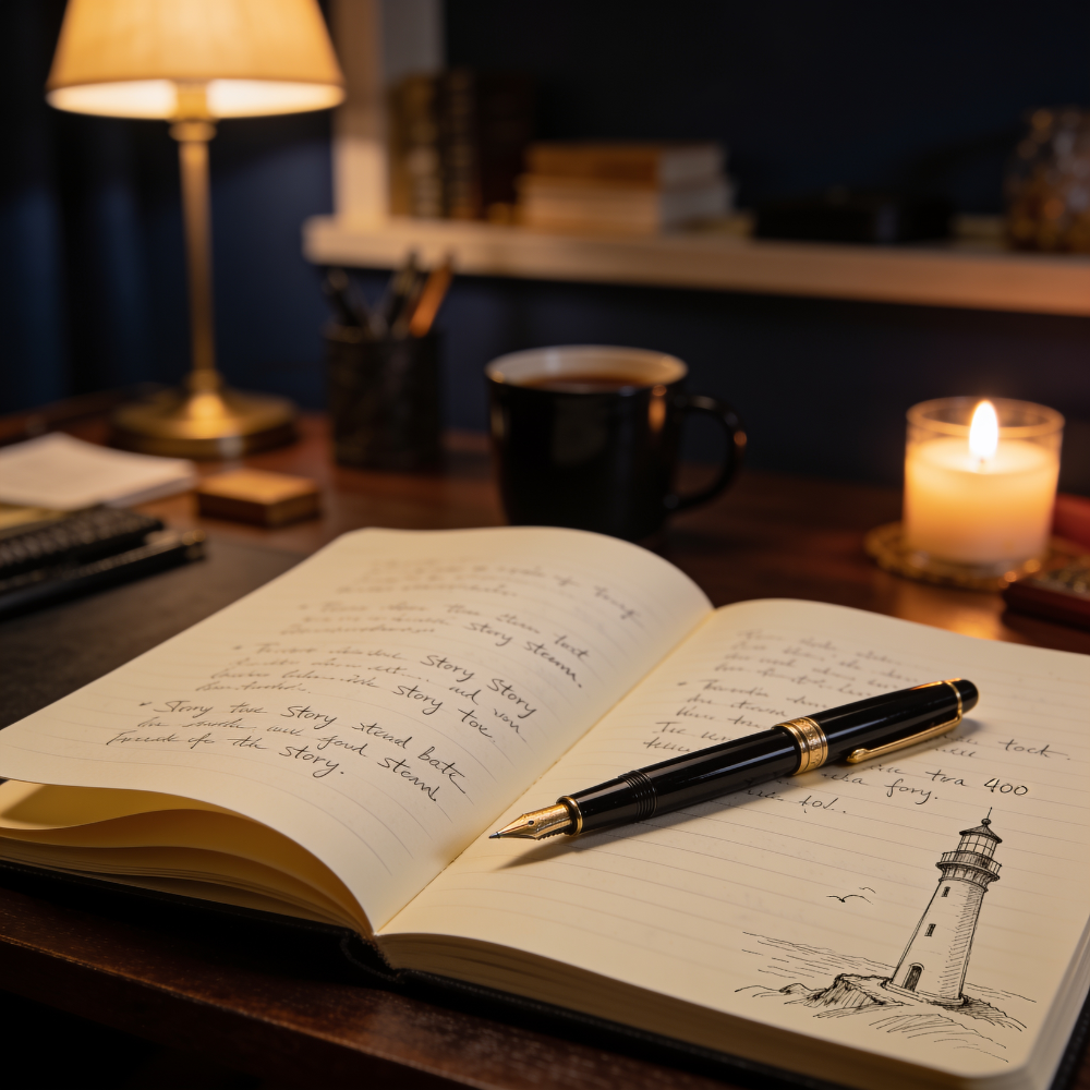 An open notebook of handwritten story ideas on a writing desk.