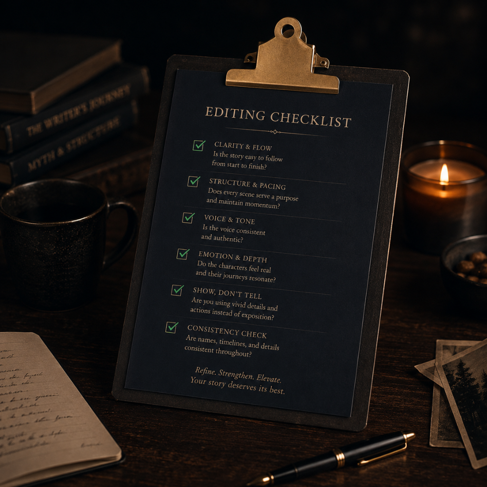 A laptop showing an AI editor checklist on a desk.