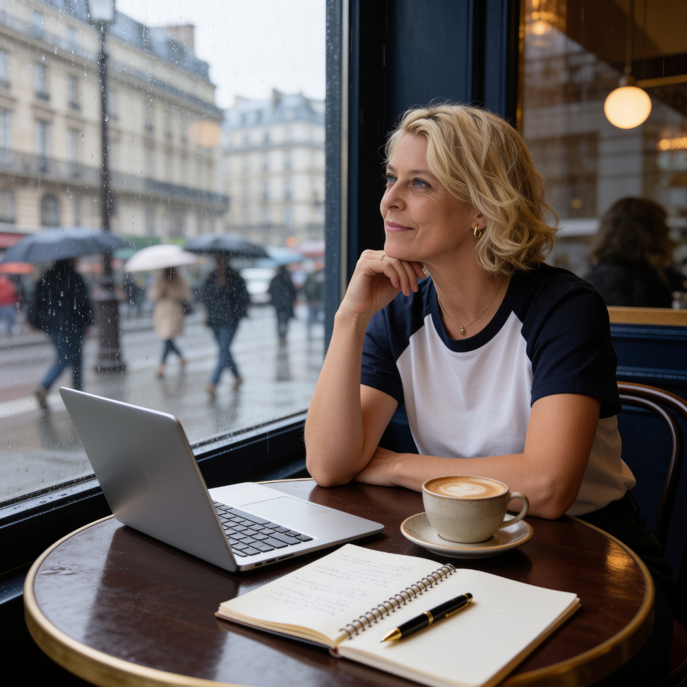 A woman at a café window watching people pass on a rainy street, a laptop, coffee and notebook on her table.