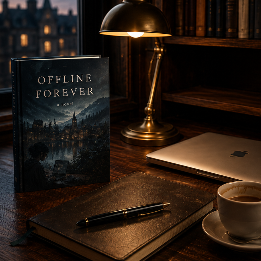 A writer's desk at dusk: the novella Offline Forever, a brass lamp, laptop, journal, pen and coffee by a window.