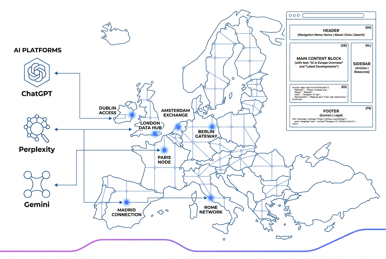 Blueprint schematic of Europe showing AI data flow lines connecting ChatGPT, Perplexity, and Gemini to European cities, with multilingual schema markup fragments and structured data nodes on a white background