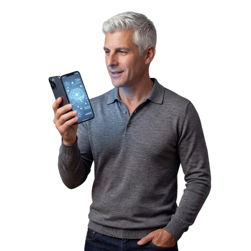 Business owner using AI voice assistant on smartphone