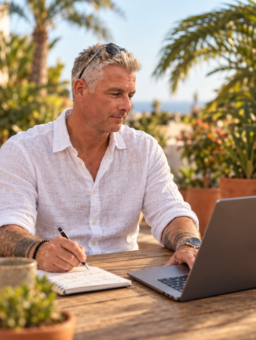 Andreas Höfelmeyer working on a creator product launch at a terrace table in Tenerife