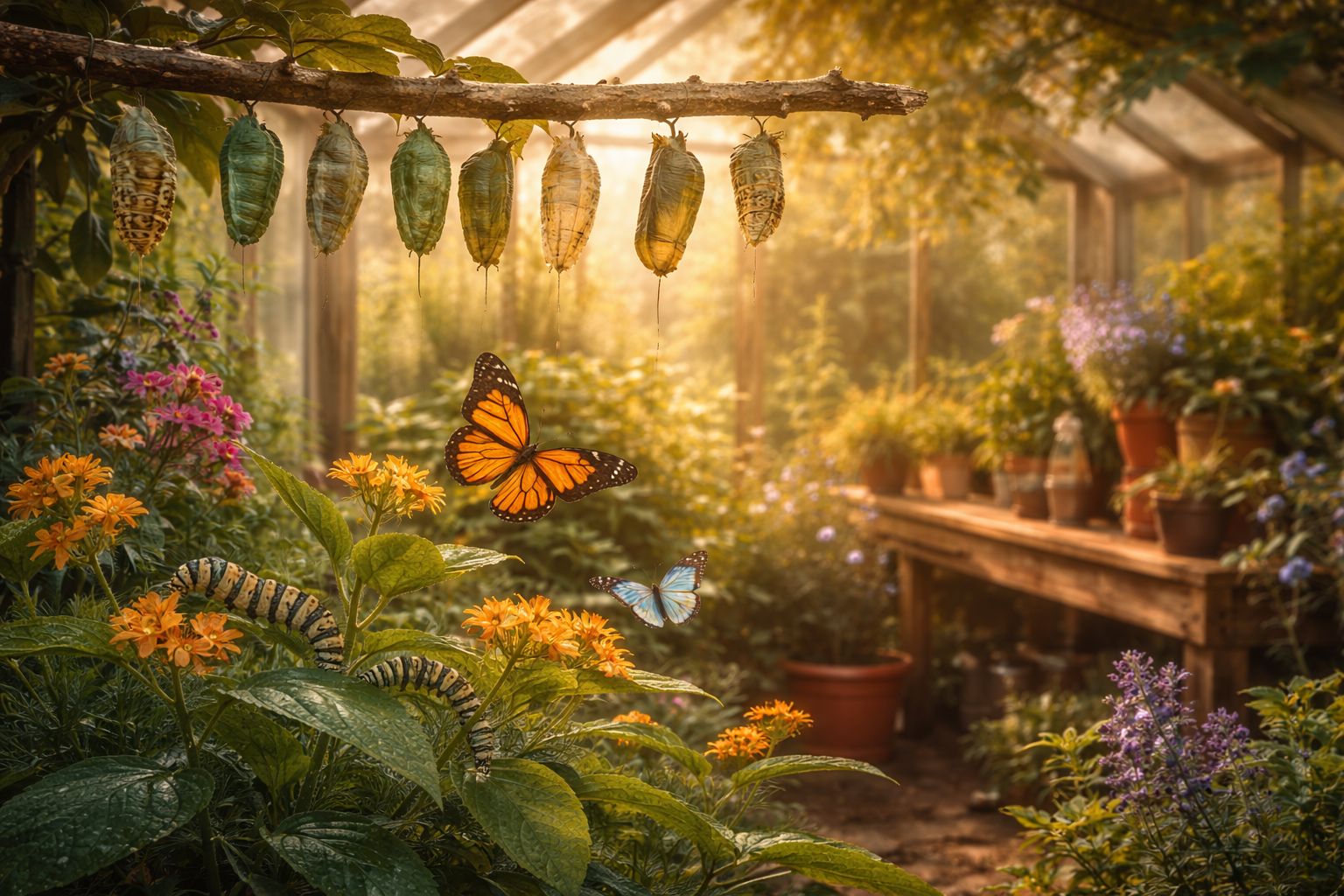 Butterflies, chrysalides, and caterpillars in a greenhouse representing transformation.