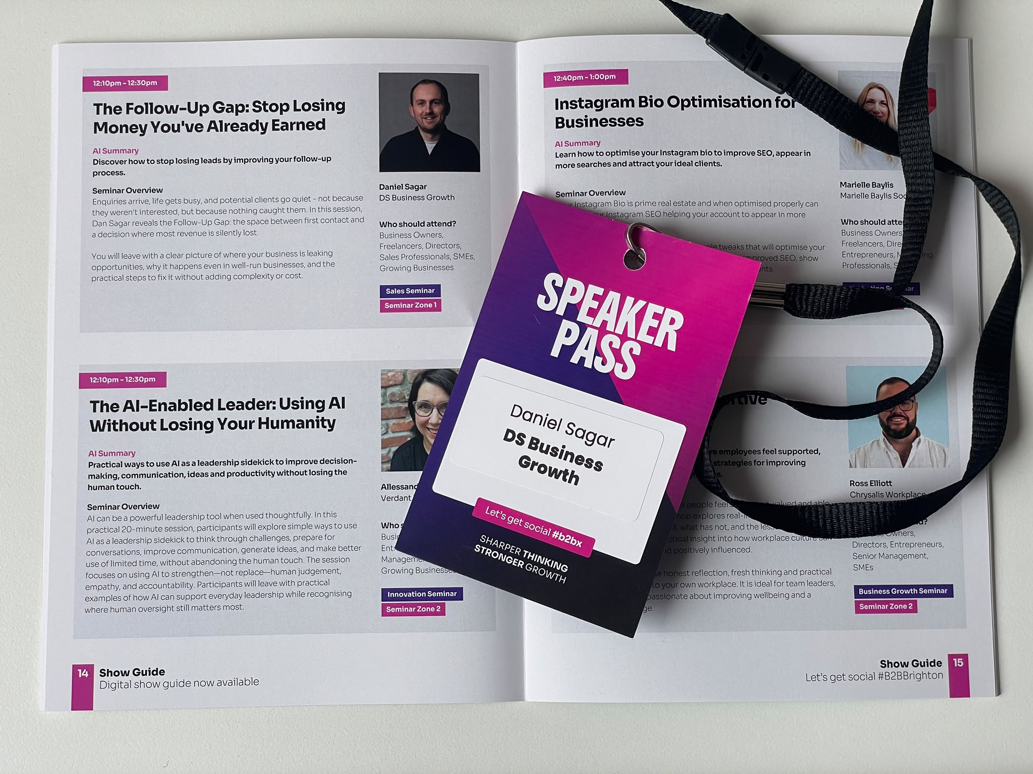 Dan Sagar's speaker pass on the B2B Expos Brighton show guide, open at his Follow-Up Gap seminar listing
