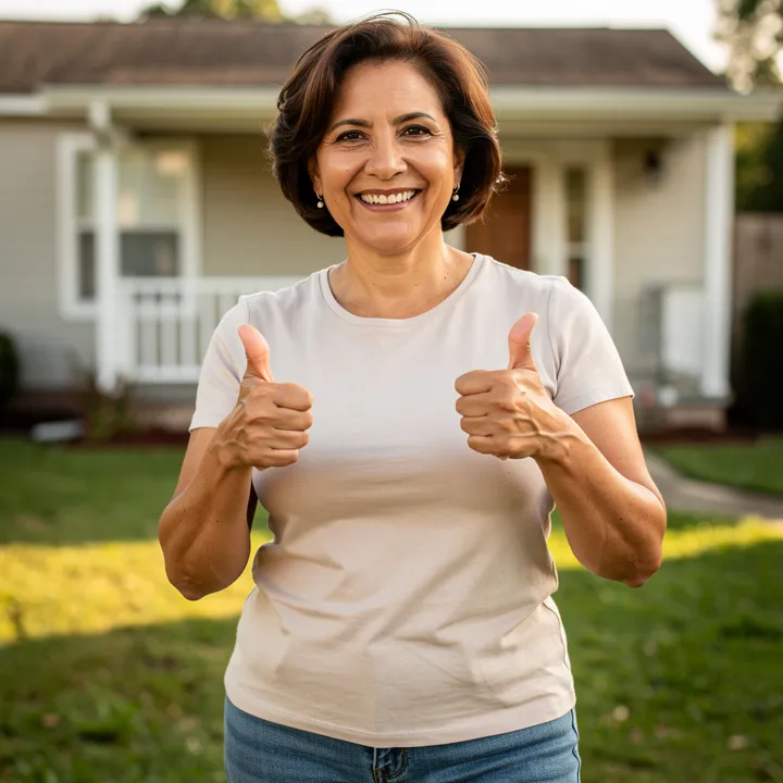 Profile photo of Patricia Mendoza giving two thumbs up outside her home in Belmont, California