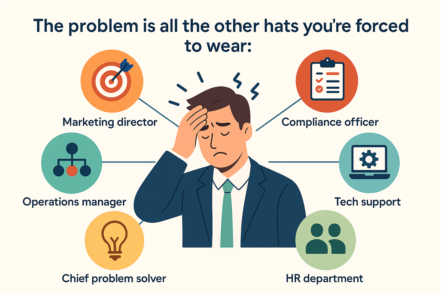 Business professional wearing multiple hats - marketing director, compliance officer, operations manager, tech support, problem solver, HR department