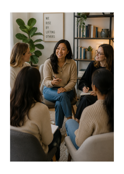 A group of adults talking together in a circle