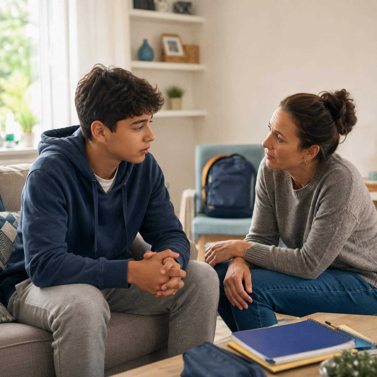 A teenager talking with a caring adult
