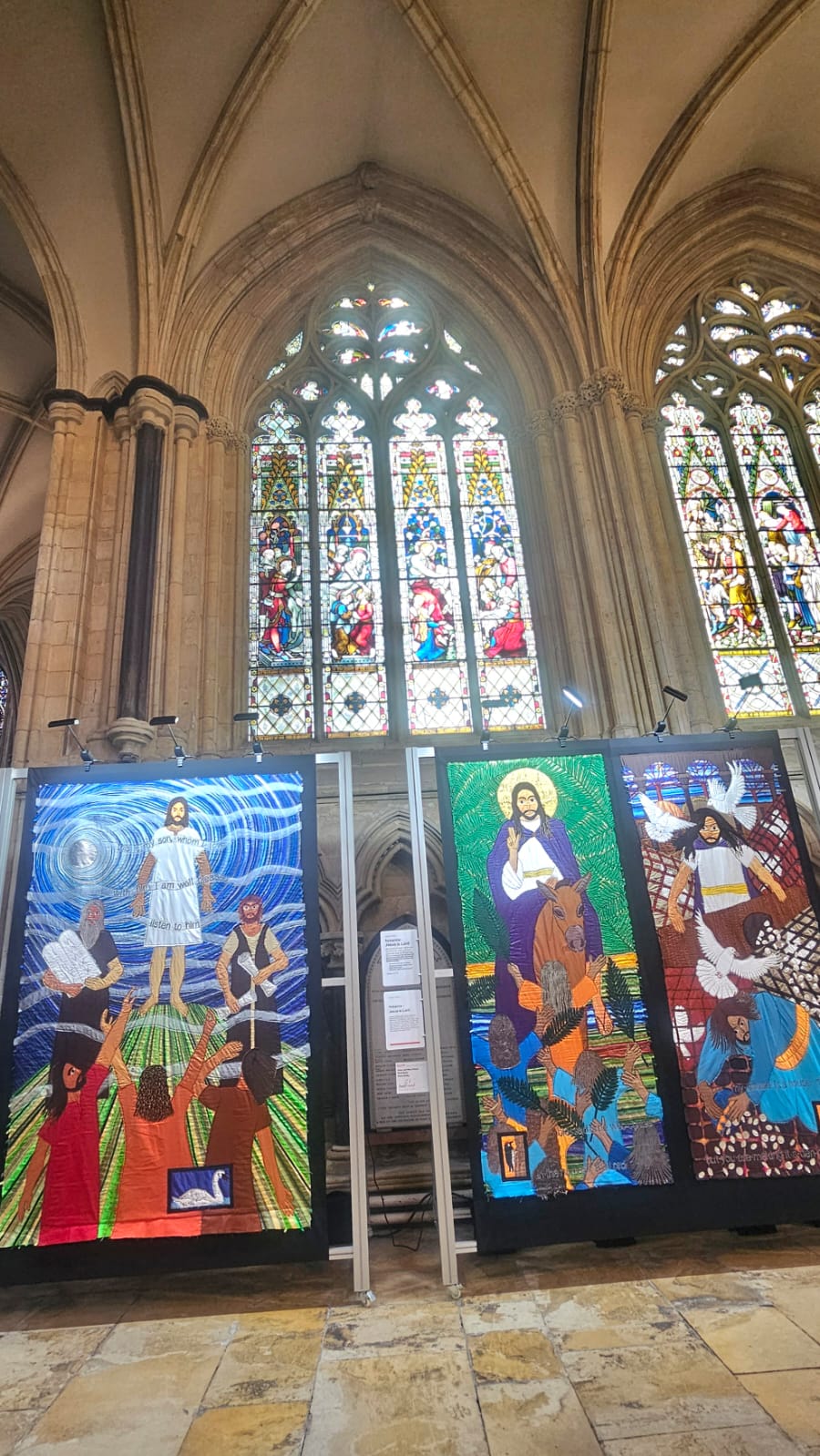 Beverley Minster. Detail including 'Threads' exhibits. March 2026. Barbara Payman. Beverley Minster. Detail including 'Threads' exhibits. March 2026. Barbara Payman.