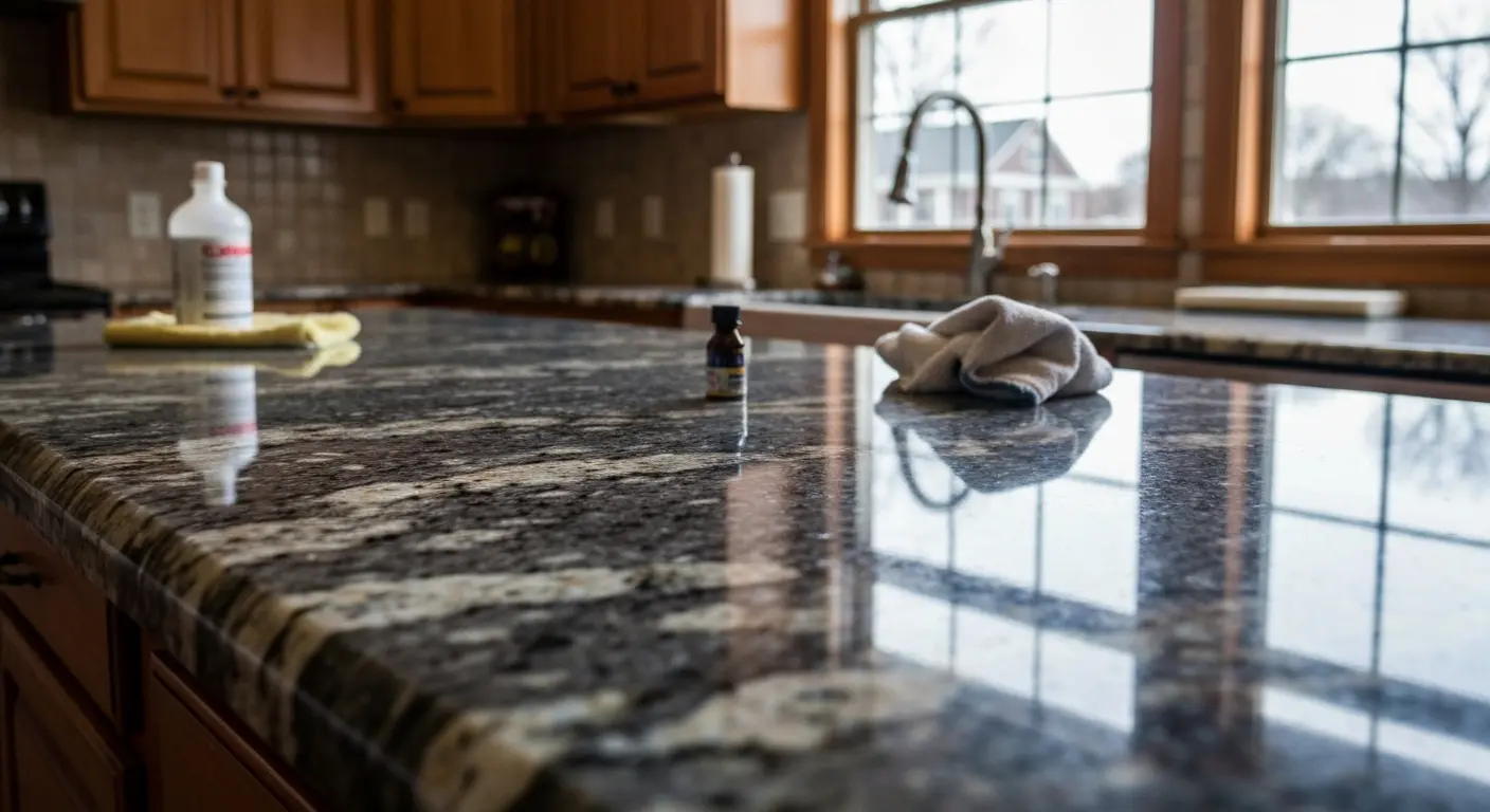 Polished stone countertop surface