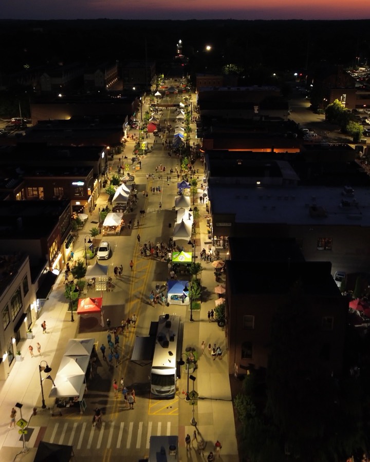 Aerial view of Main Street in downtown Brighton, MI at dusk