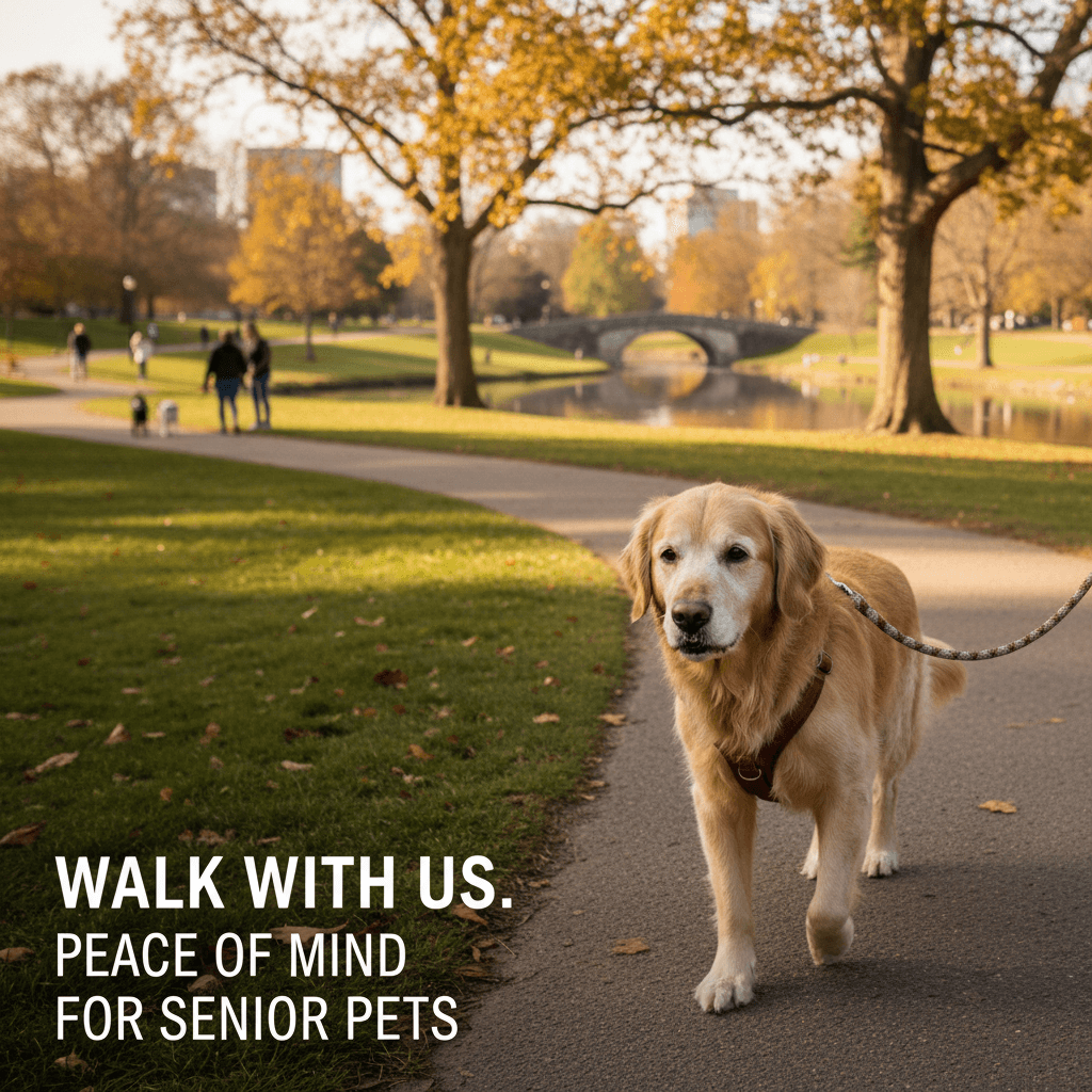 An elderly Golden Retriever enjoys a peaceful walk in the park