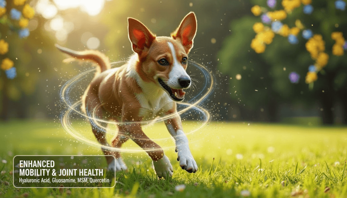 A senior Golden Retriever trots along a serene woodland trail
