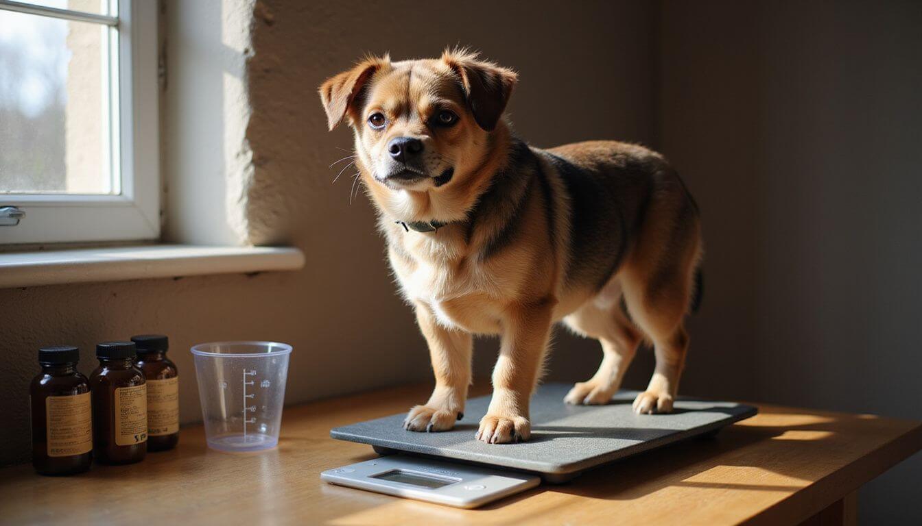 A medium-sized dog stands on a digital weighing scale