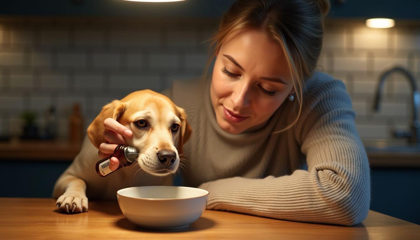 A woman administers joint drops to a dog in a cozy kitchen