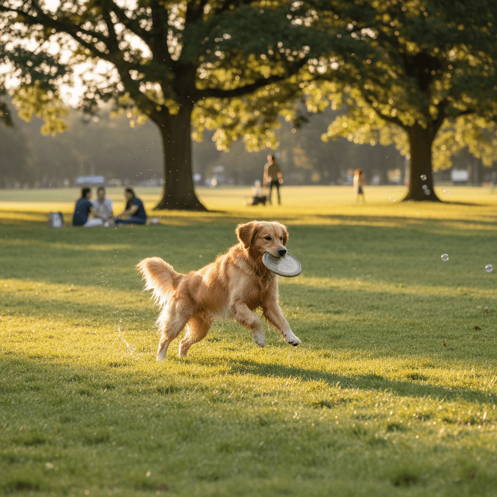 A medium-sized, well-groomed dog plays gracefully in a sunlit park