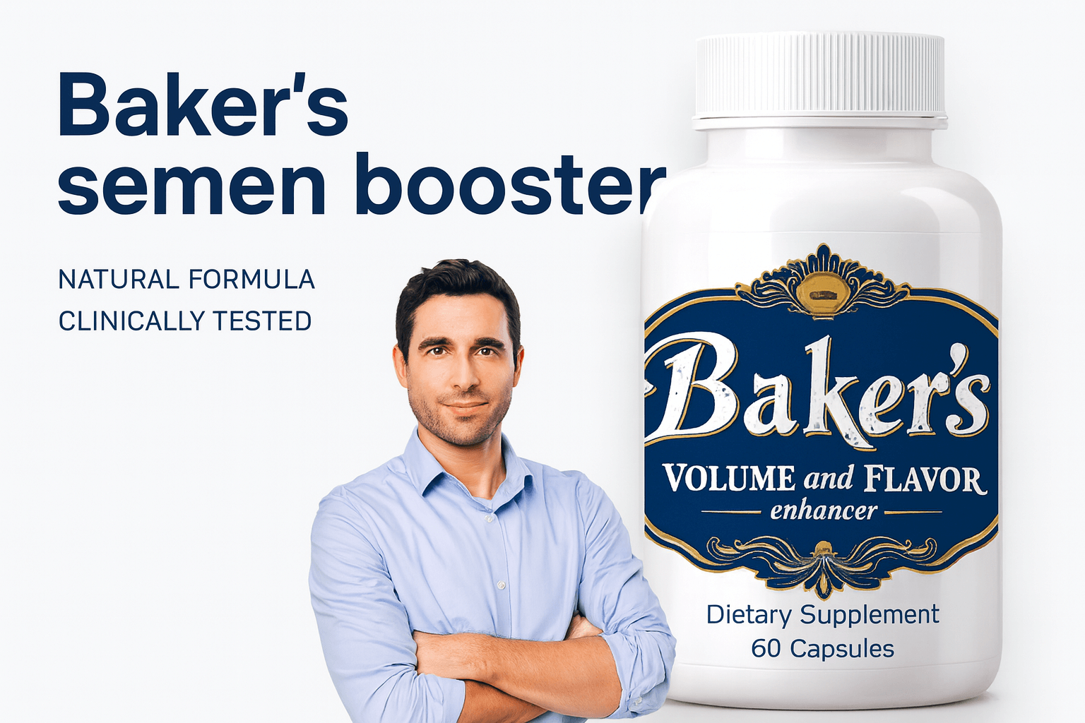 Baker's semen booster - Professional hero image featuring the actual Baker's Volume and Flavor enhancer supplement bottle on a clean white background with a confident professional man, highlighting the natural formula and clinically tested benefits of this male enhancement dietary supplement