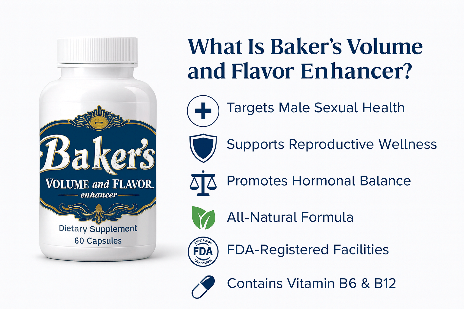 What Is Baker's Volume and Flavor Enhancer - Educational infographic showing the actual Baker's supplement bottle with key features including targets male sexual health, supports reproductive wellness, promotes hormonal balance, all-natural formula, FDA-registered facilities, and contains vitamin B6 & B12