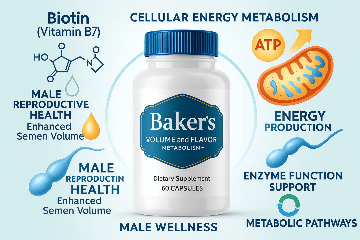 Scientific illustration of Biotin (Vitamin B7) showing cellular energy metabolism support, ATP production, male reproductive health benefits, and enhanced semen volume for Baker's Organics Volume And Flavor Enhancer
