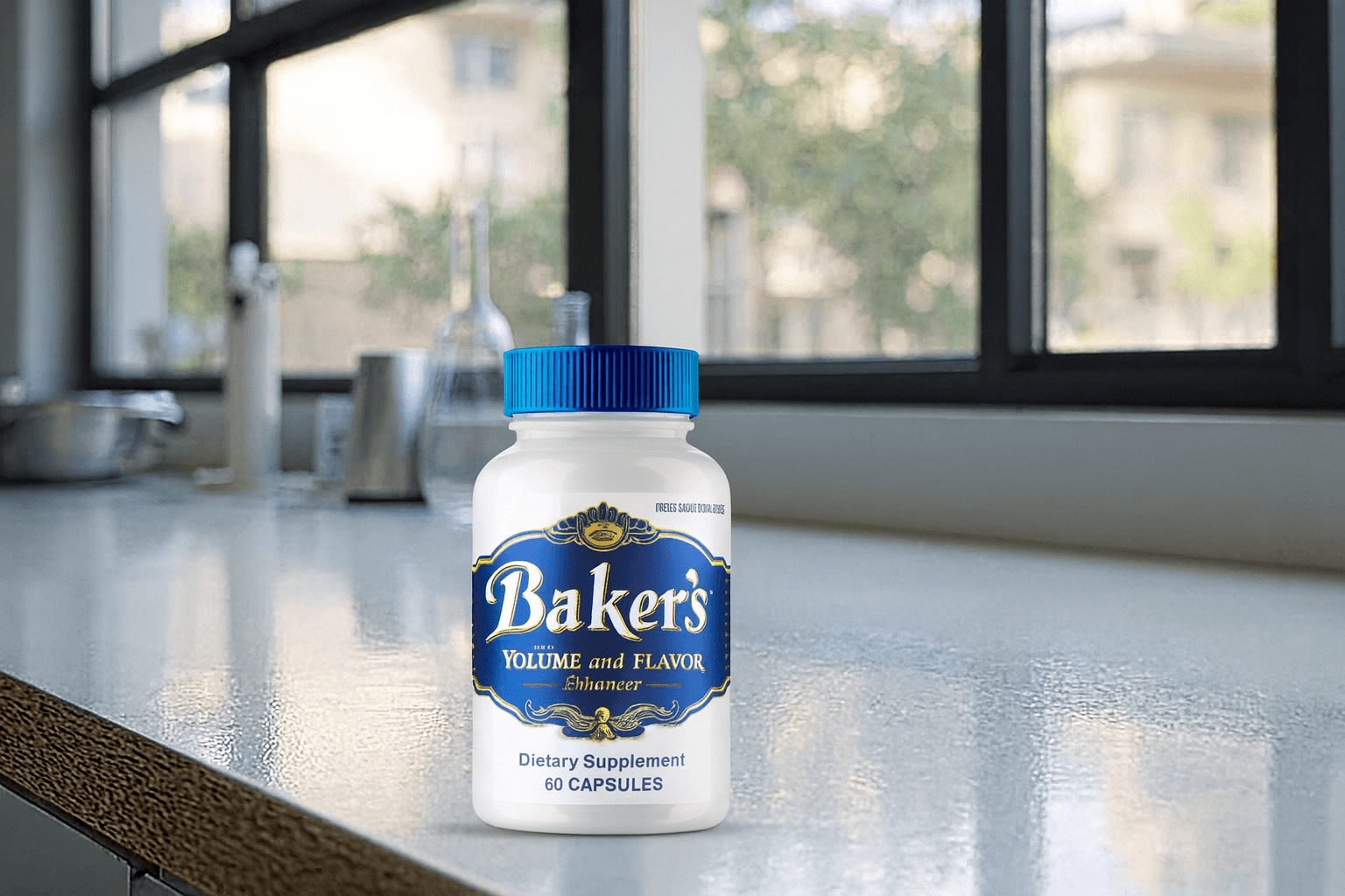 A modern lab showcases Baker's Organics Volume Enhancement bottle prominently.
