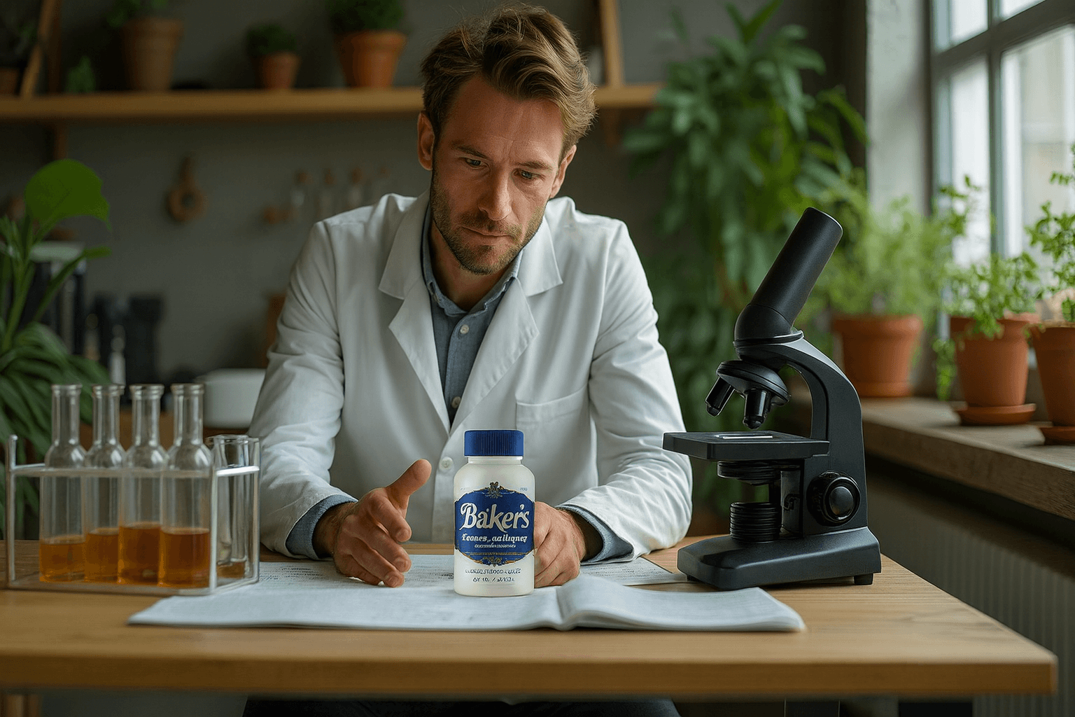 A man examines a glass bottle in a scientific workspace.