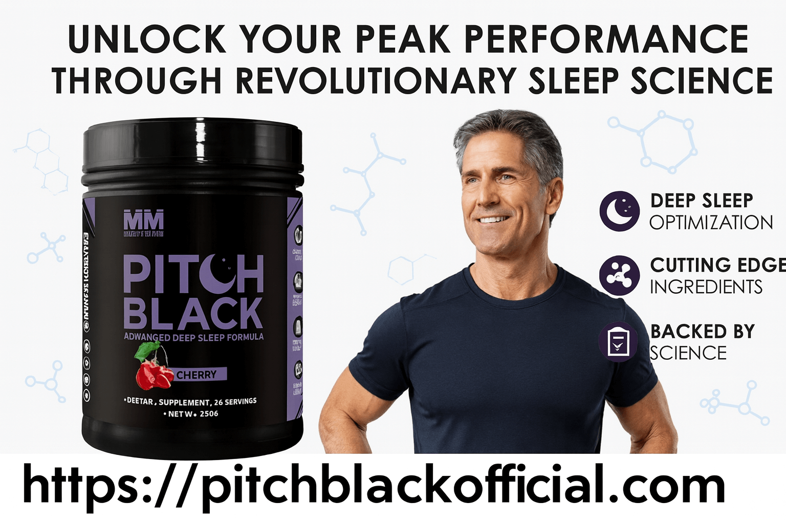Pitch Black sleep supplement bottle with confident athletic man over 40 demonstrating peak performance results through revolutionary sleep science
