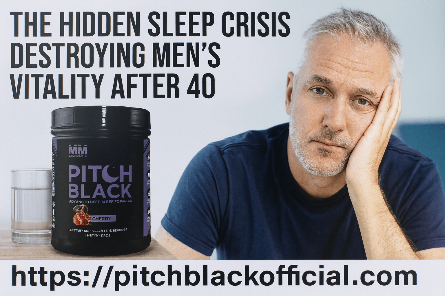 Professional image showing Pitch Black sleep supplement with realistic mature man addressing hidden sleep crisis destroying men's vitality after 40