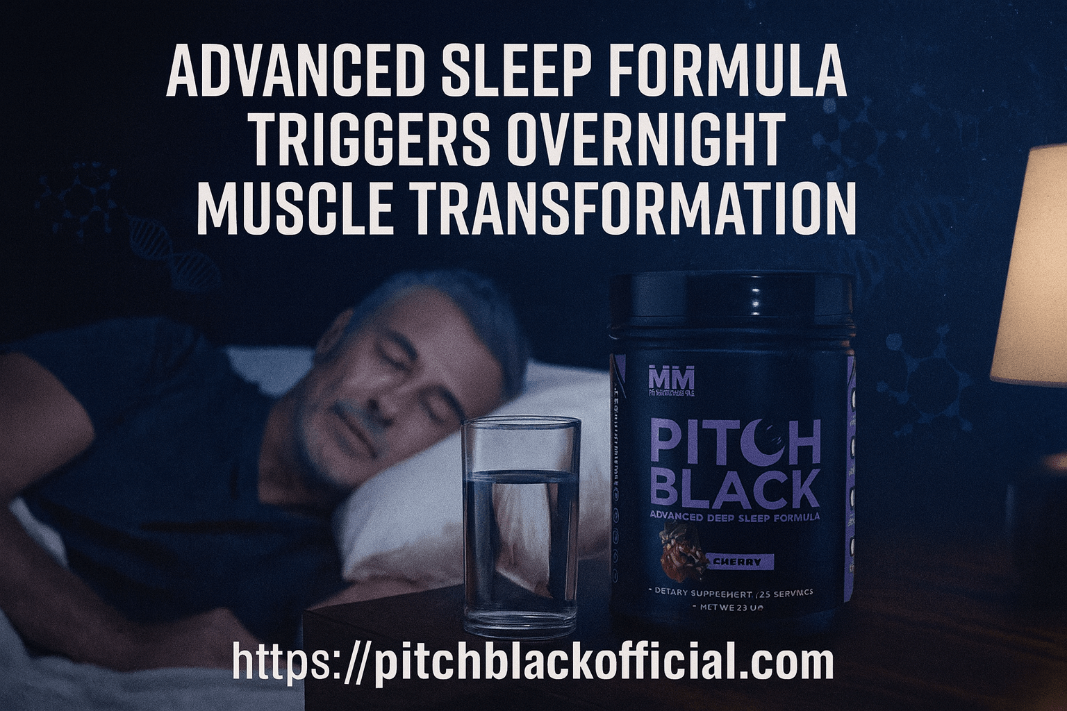 Pitch Black advanced sleep formula on nightstand with peacefully sleeping mature man demonstrating overnight muscle transformation through optimized sleep