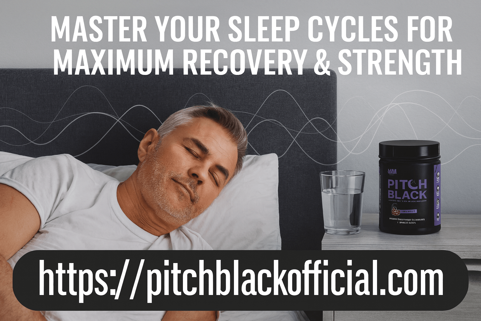 Pitch Black sleep supplement in minimalist bedroom with peacefully sleeping mature man demonstrating mastered sleep cycles for maximum recovery and strength