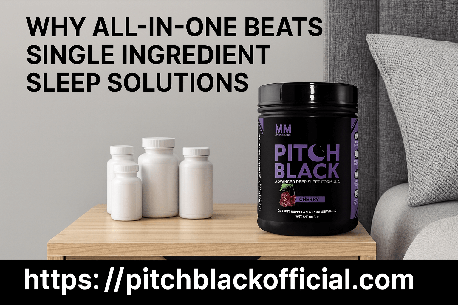 Pitch Black all-in-one sleep supplement prominently displayed versus multiple single-ingredient competitors demonstrating comprehensive formula superiority