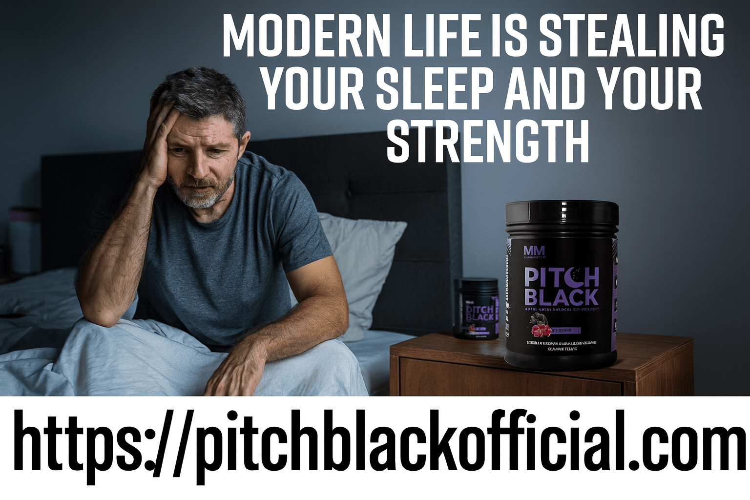 Frustrated mature man struggling with sleep in modern bedroom with Pitch Black sleep supplement on nightstand representing solution to modern life stealing sleep and strength