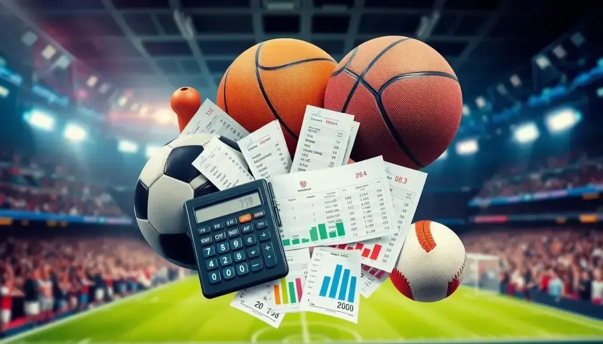 Sports betting scene with basketball soccer ball baseball and betting slips calculator in stadium for sports predictions and odds analysis