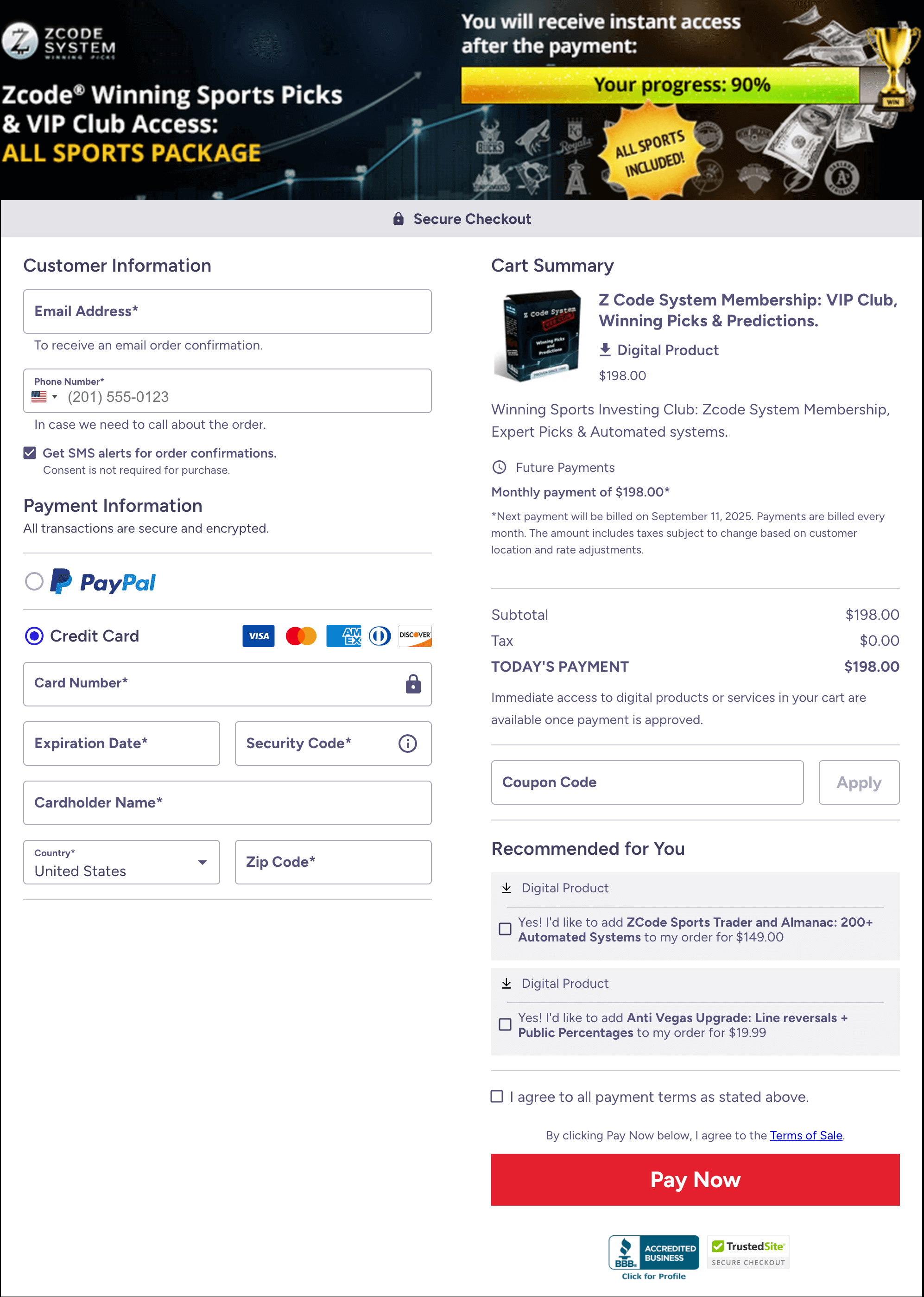 Zcode System secure checkout page with payment options and purchase details for sports betting membership