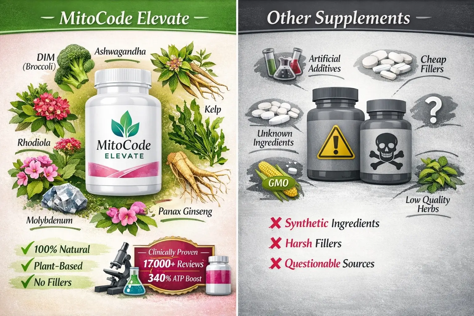 MitoCode Elevate vs Other Supplements Comparison - 7 Plant Natural Formula vs Synthetic Fillers - 340% ATP Boost - Clinically Proven Mitochondrial Support