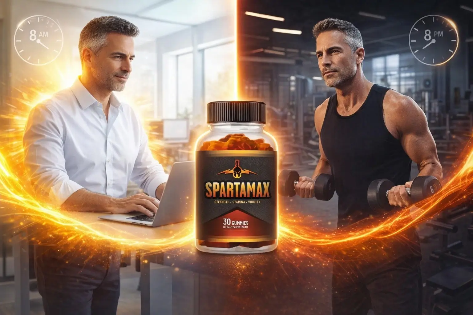 SpartaMax Energy and Stamina Benefits - Man with Sustained Power from Office to Gym - All-Day Energy Without Crashes - Natural Ginseng and Maca Root Formula
