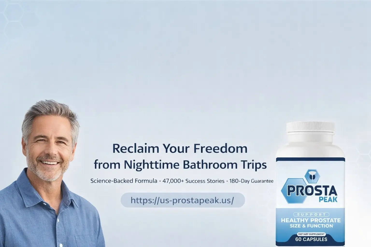 Prosta Peak prostate supplement bottle with confident mature man - science-backed formula to reduce nighttime bathroom trips and support healthy prostate function