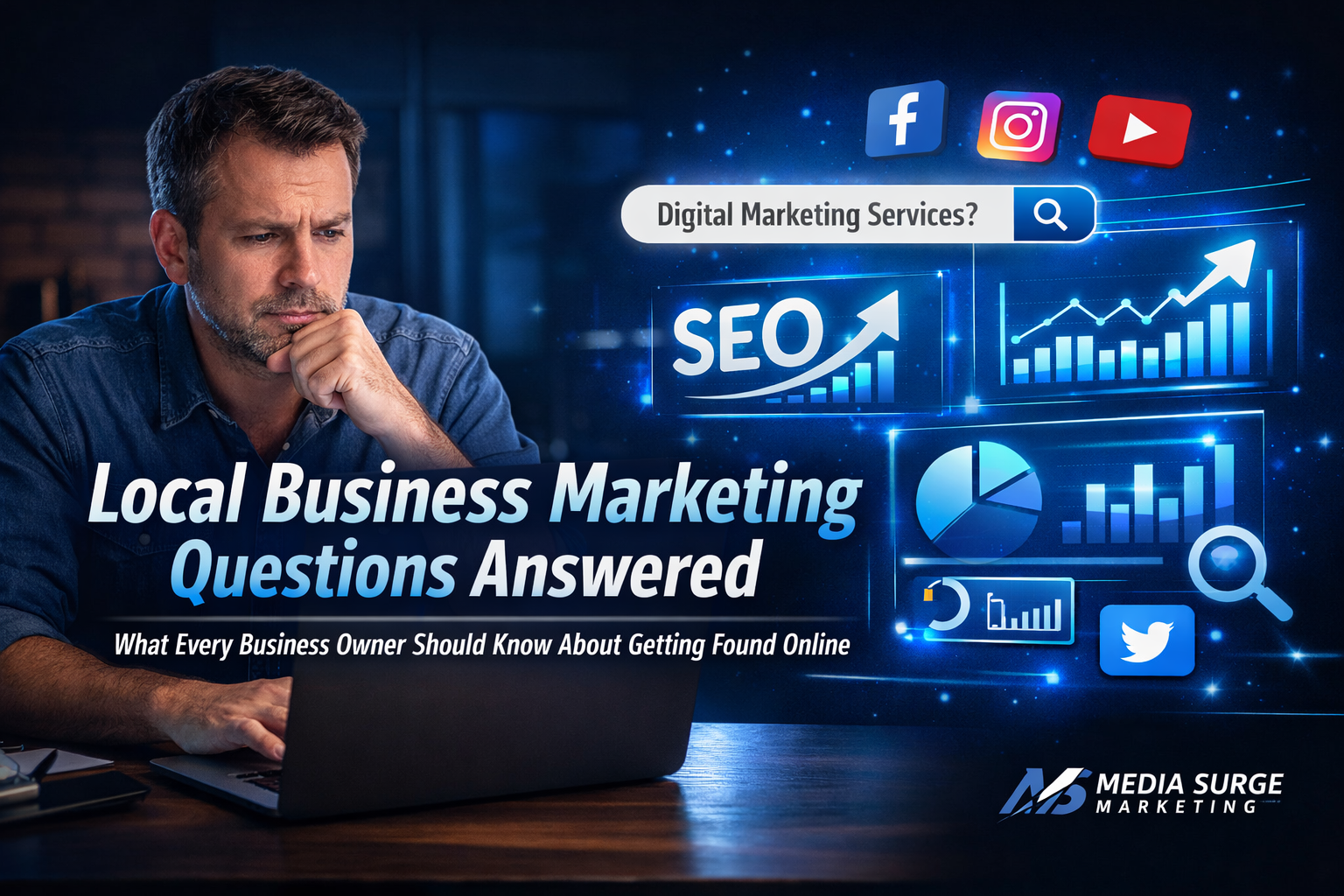 Local business owner researching digital marketing strategies and online visibility