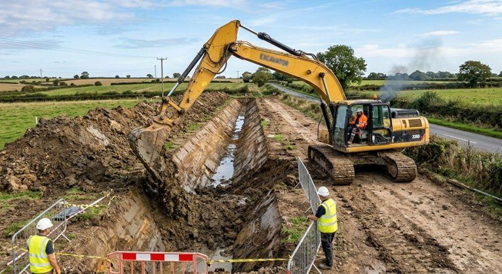 Excavator working near a drainage or pond area