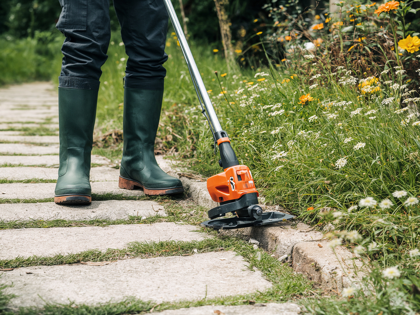 Lawn care professional in action maintaining a residential yard