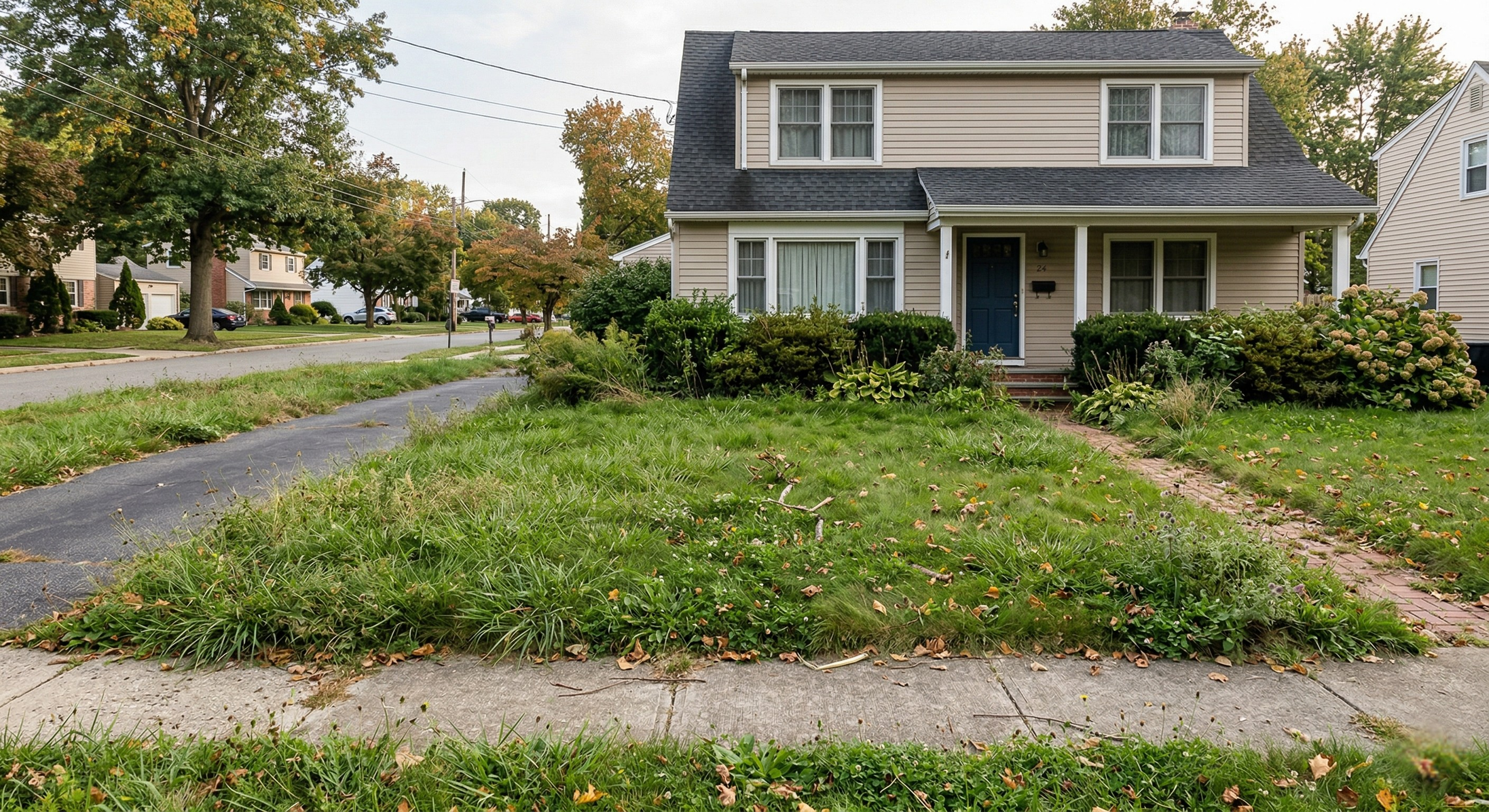 Before lawn care service showing an unmaintained front yard