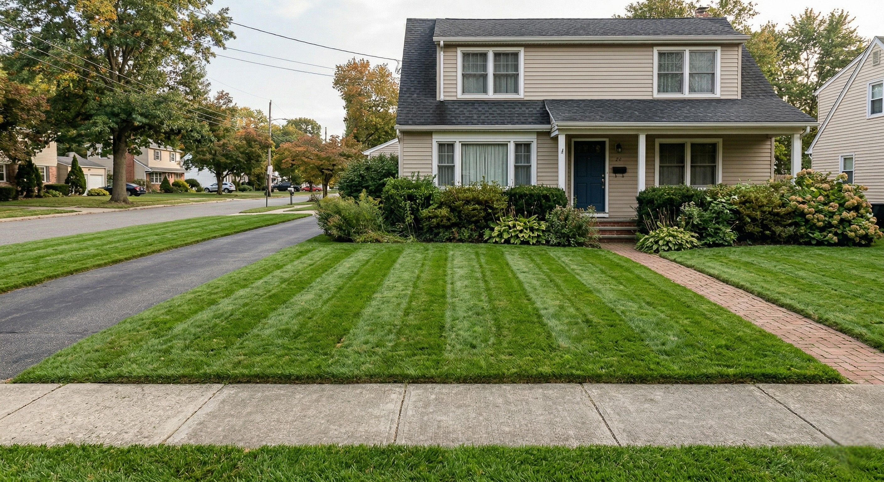 After lawn care service showing a freshly maintained front yard